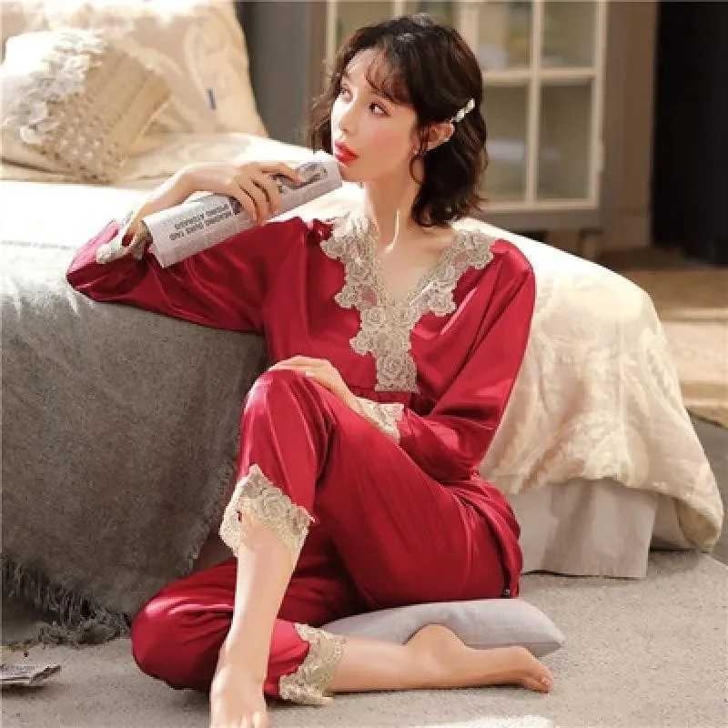 Girls faux ice silk pyjamas ladies longsleeved lace green premium feeling twopiece set of sweet loungewear love blue cloth Y250906