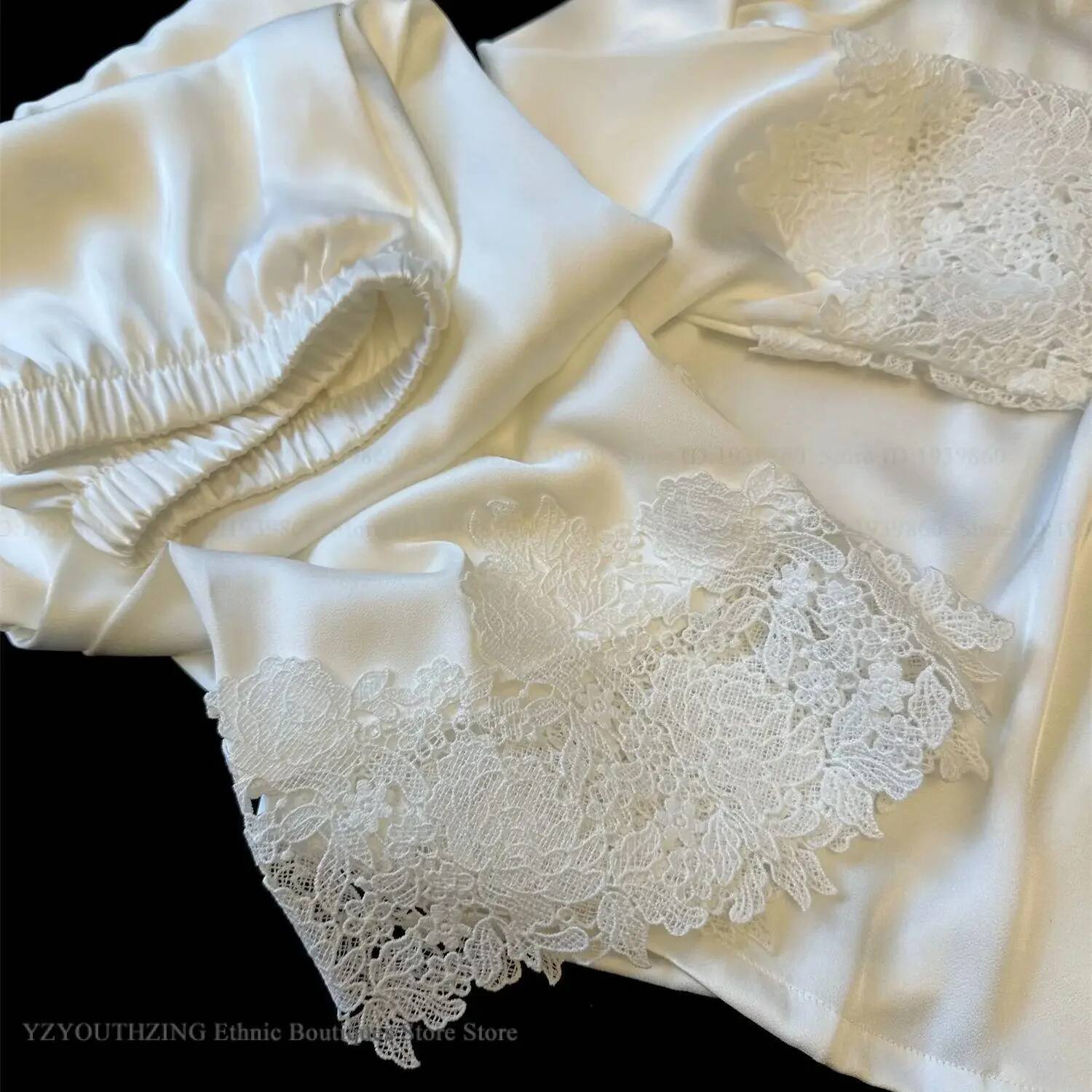 2025 Women's New Pajamas White Satin Lace Bordered Bridal Wedding Pajamas Home Clothes Loose design Long Sleeve Pants Designer Set Home Clothes