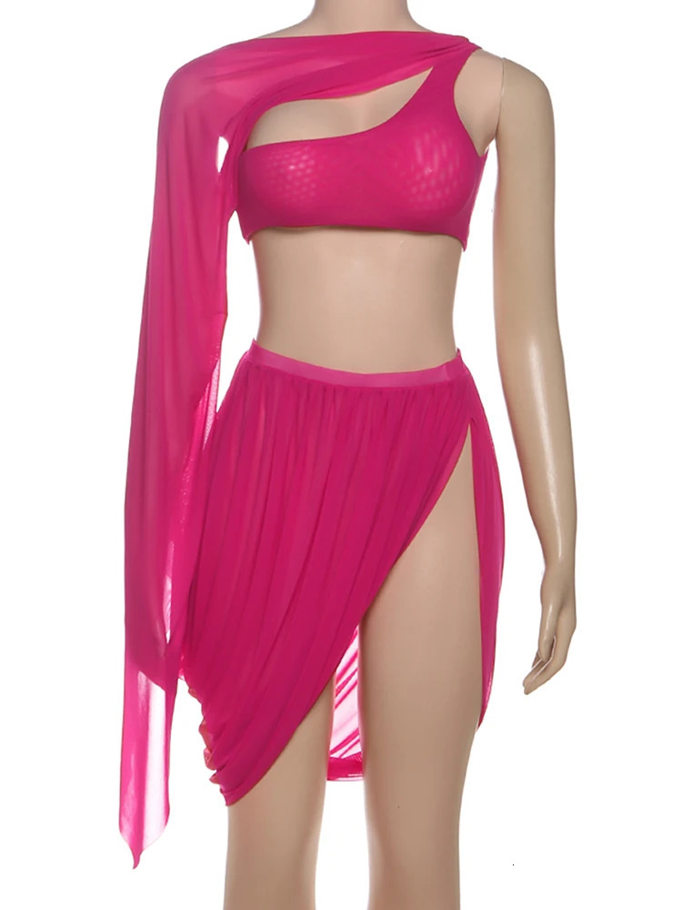 Weird Puss Y2K Sexy 2 Piece Set Women See Through Midnight Irregular Full Sleeve Crop TopsRuched Split Skirts Matching Clubwear 250906
