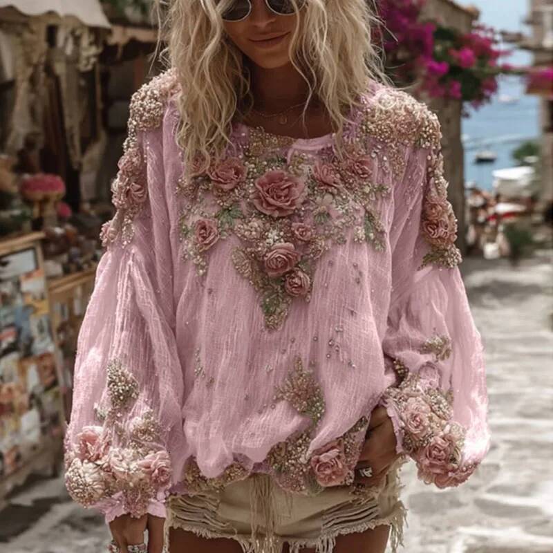 2025 New Autumn Light colored Long sleeved Ethnic Women's Shirt Retro D Printed Fashion Shirt Elegant Round Neck Loose Top design Designer Hoodie