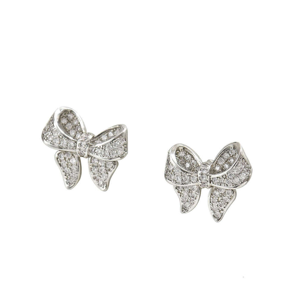 DH collections:Niche Korean Style Sweet Fresh for Women Simple Inlaid Zircon Bowknot Design Stud Earrings Elegant Ear Jewelry