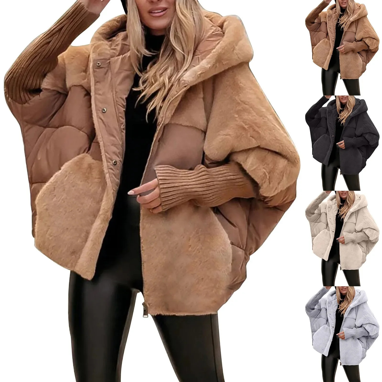 Womens Loose Cotton Coat Faux Fur Patchwork Winter Comfort Chic Long Sleeve Hooded Jacket 250905