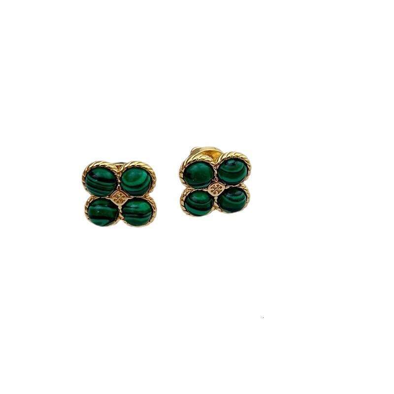 DHpet Fashionable Light Sweet Inlaid Glass Pearl Malachite Four-Leaf Clover Shape Metal Earrings