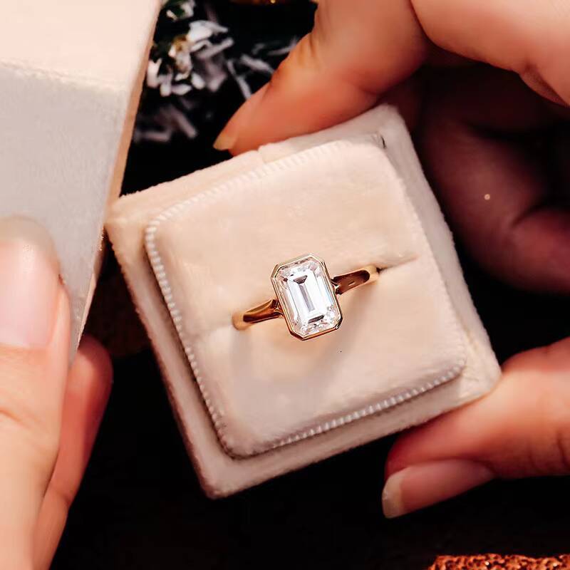 Provence Custom 18k Yellow Gold Bezel Setting 9x6mm DEF Color Emerald Moissanite Diamond Wedding Ring