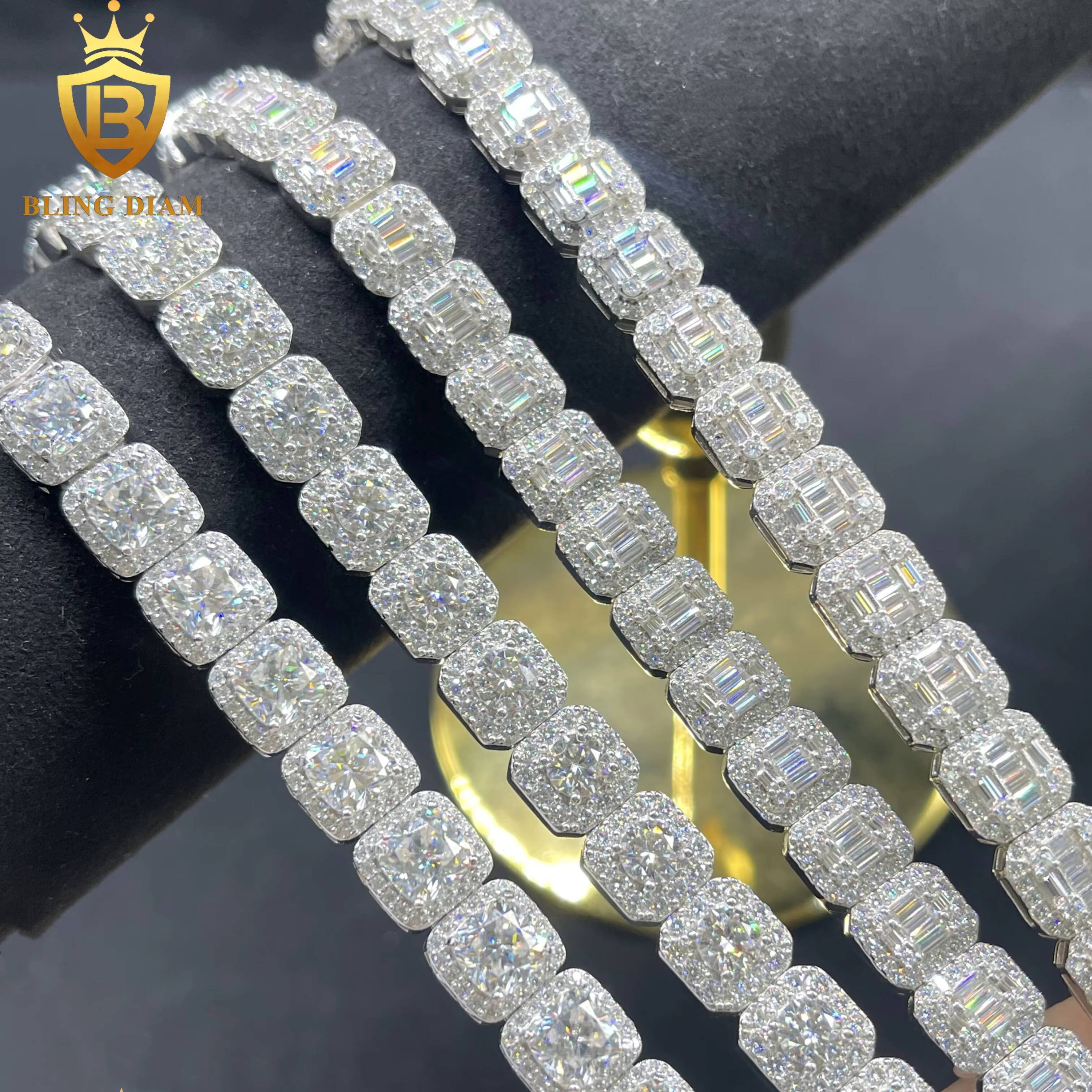 Cluster Iced Out Tennis Chains Baguette Hip Hop Jewelry 925 Silver Vvs Moissanite Gra Certificate Square Bracelet