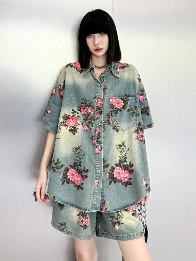 2025 Blue New Denim Shirt Wide Leg Shorts Two Piece Set Suit New Style Collar Short Sleeve Designer Women's Fashion Trendy design Spring and Summ