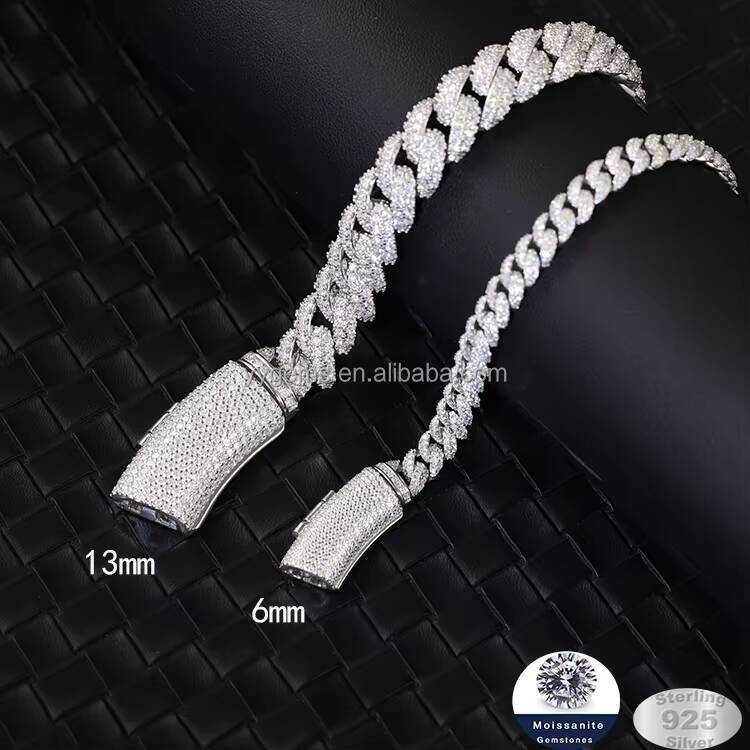 13mm 7inch30inch Length Iced Out Cuban Chain Moissanite Diamond Chain S925 Silver White Gold Plated Moissanite Cuban Link Chain