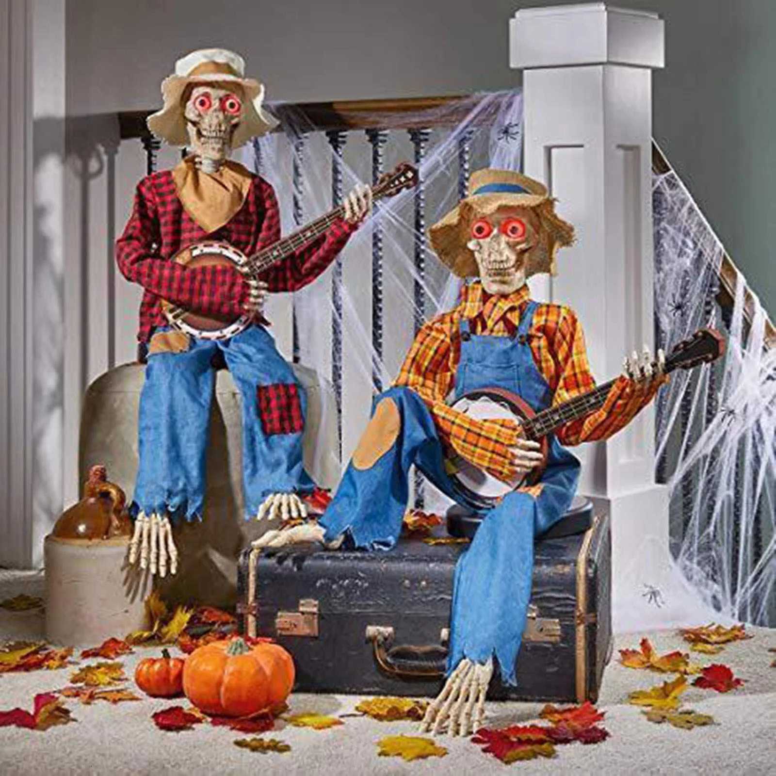 Animated Motion Sound Activated Musical Multi Lingual Banjo Skeletons Duo Halloween Fall Indoor Glowing Skeleton DecorXJ250906