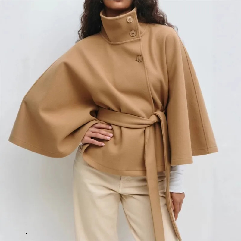 2025 Fashion Cape Style Woolen Coat Autumn Winter Batwing Sleeve Belts Loose Jacket Female Elegant Solid Windbreaker 250905