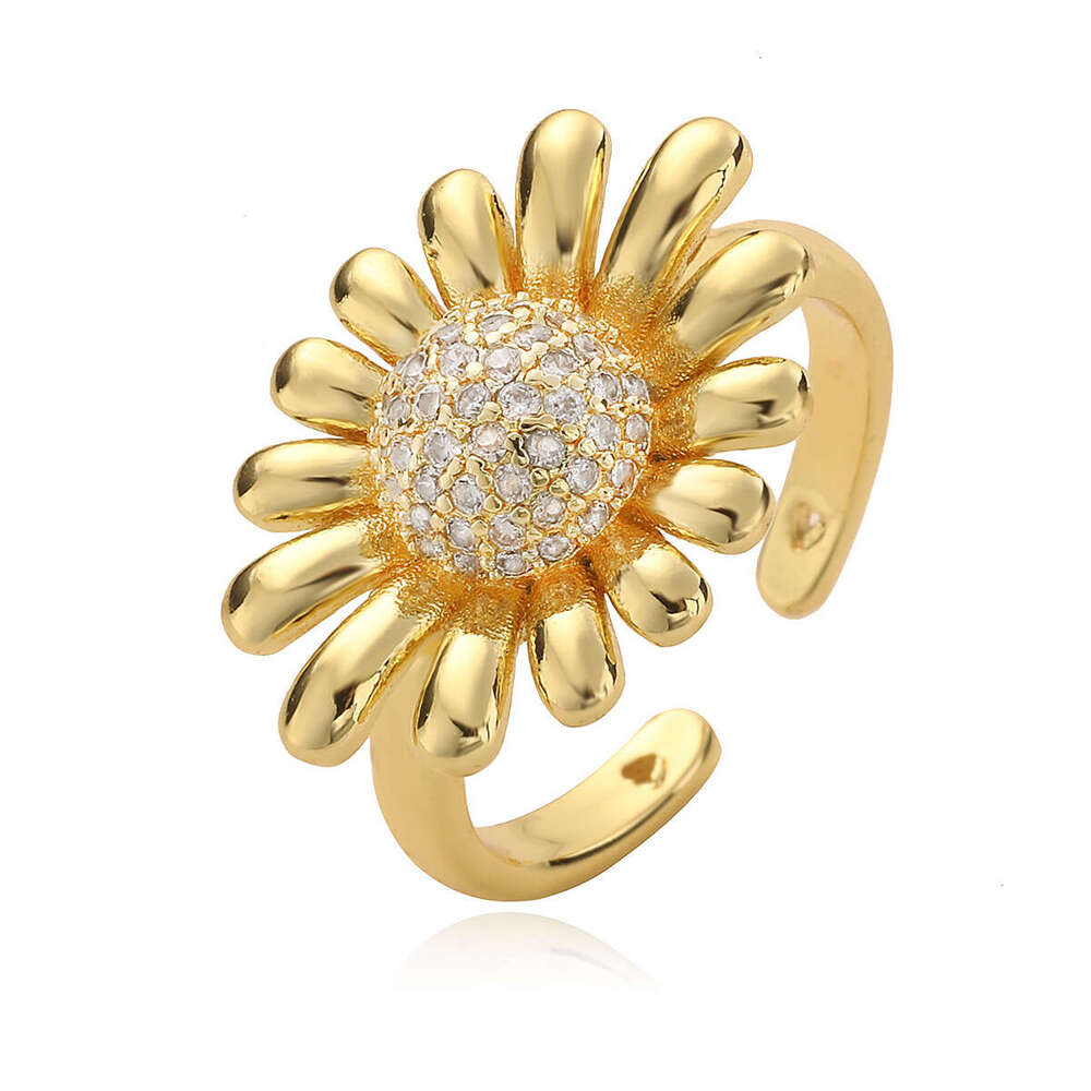 DHpet Fashion Exquisite Copper Gold-Plated Zircon Sunflower for Women, Niche Versatile Open Ring New