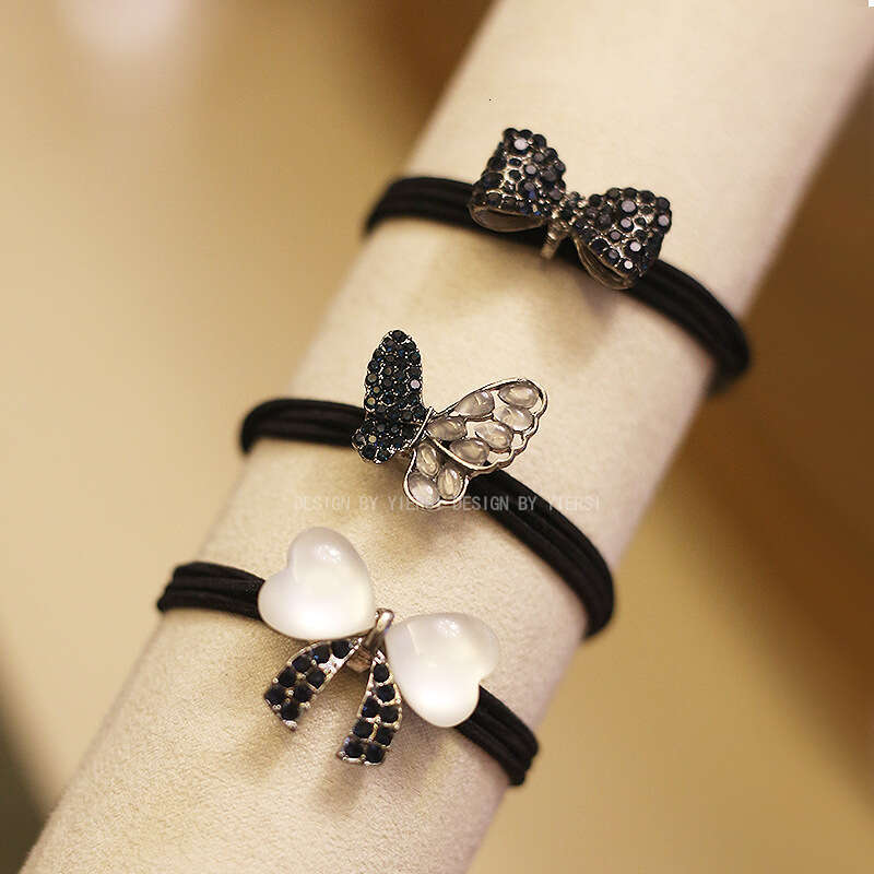 DHpet 2025 Korean High Elastic Hair Tie Adult Rhinestone Hair Rope Black Gunmetal Butterfly Heart Cat Eye Bowknot Alloy Head Accessory