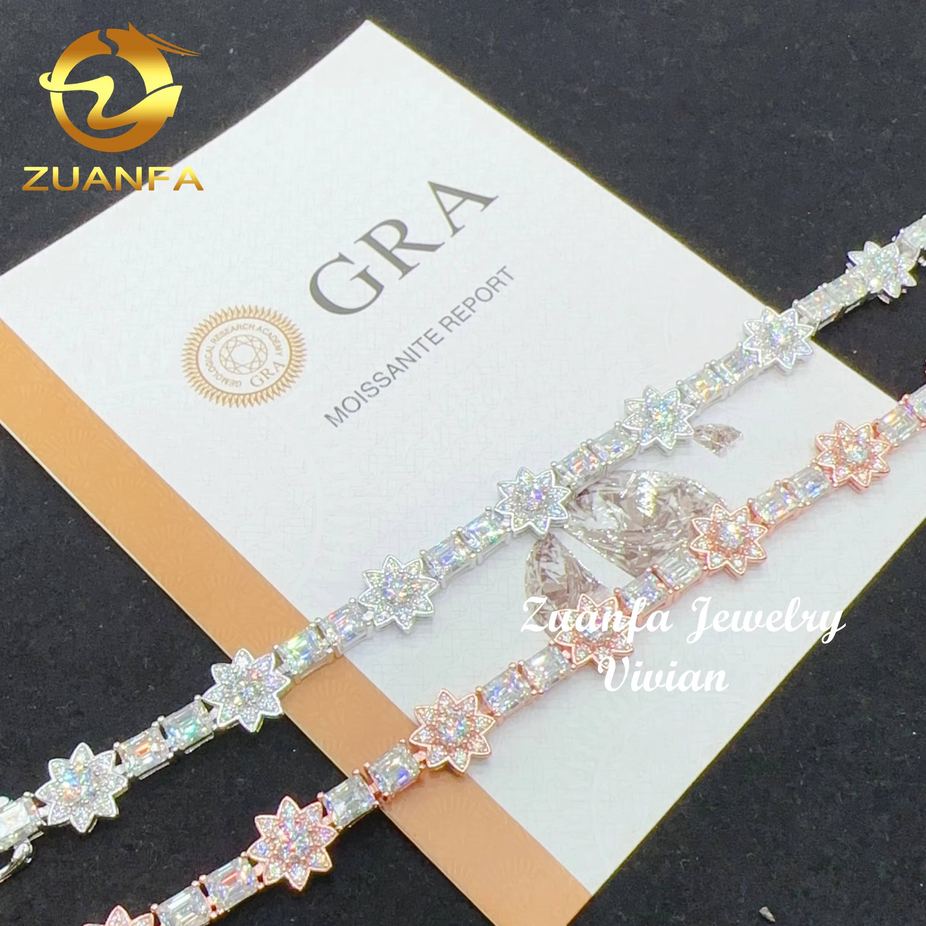 Emerald Cut Lab Diamond Tennis Chain Silver 925 Vvs Moissanite Flower Bracelet Iced Out Hip Hop Jewelry Tennis Bracelet