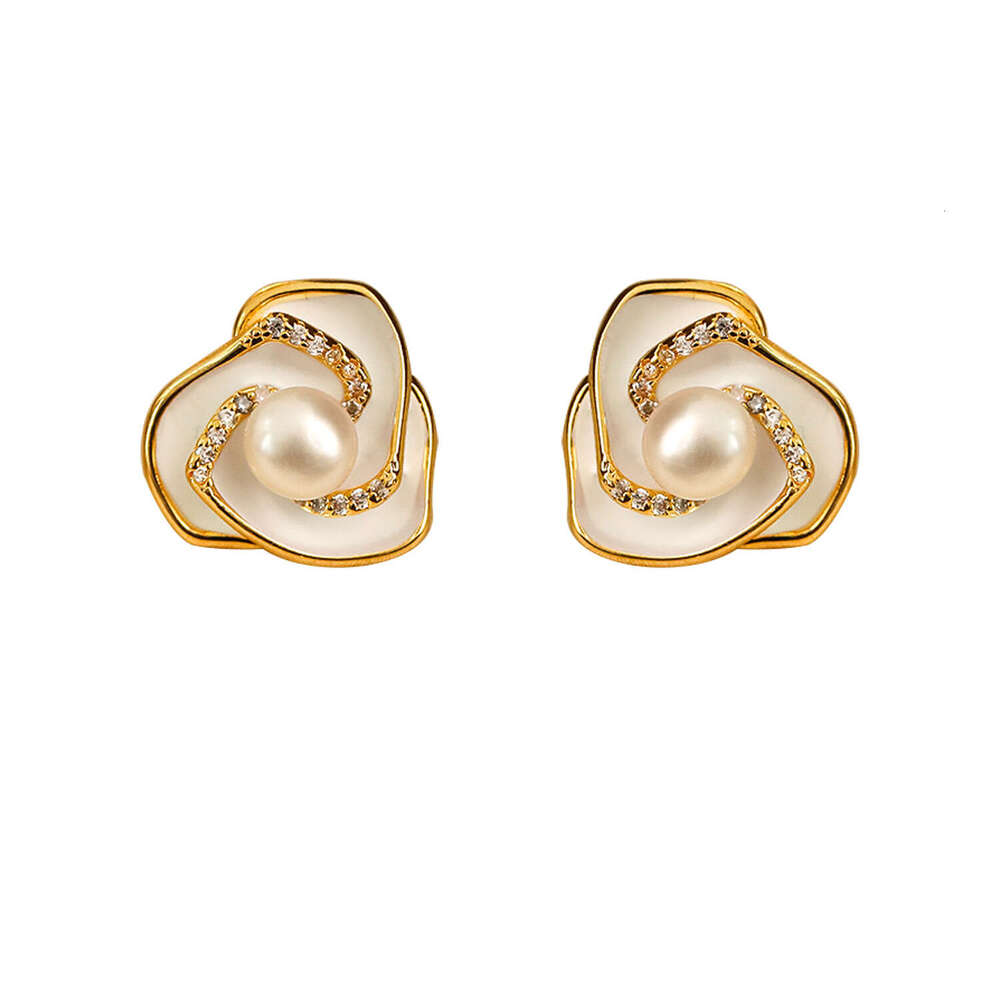 DH collections Korean - Style Metal Enamel Glaze Camellia Pearl Stud Earrings for Women