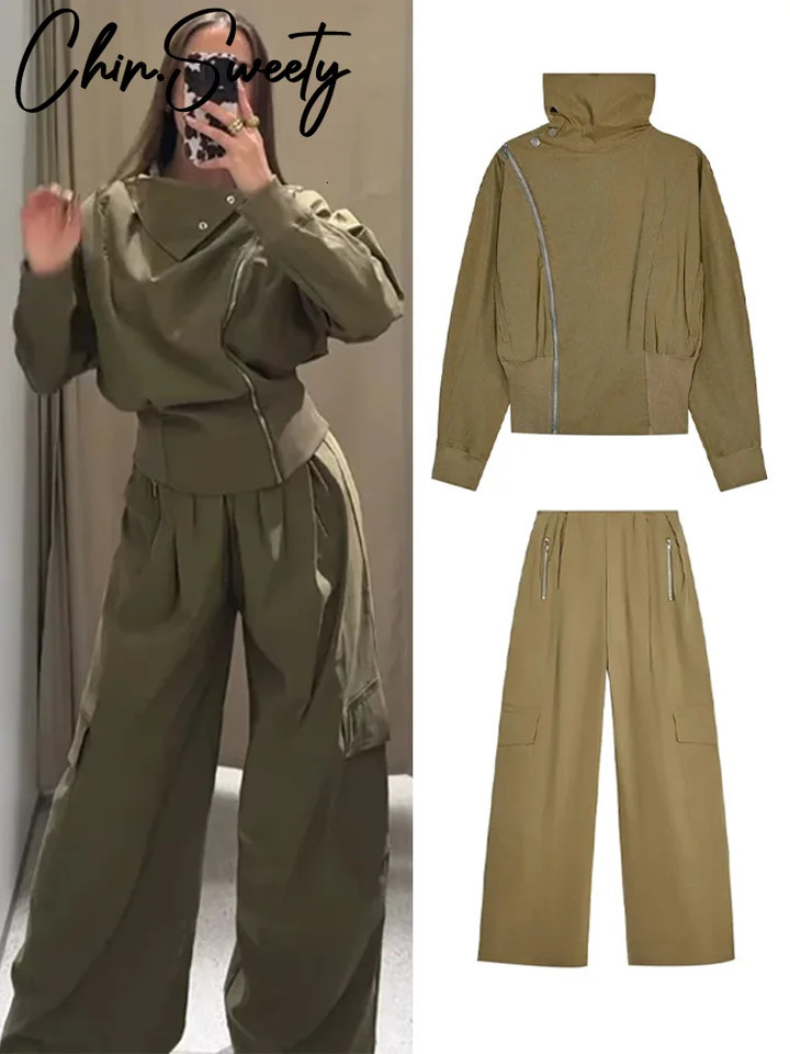 Asymmetric Short Jacket Pants Sets Women Stand Collar Full Sleeve Coat High Waist Wide Leg Pant 2025 Autumn Lady Street Outfits 250906