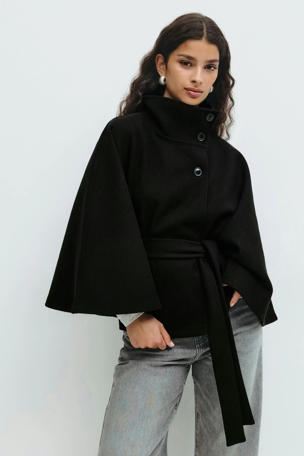 chic vintage cape jacket with belt stand neck single breasted loose coat loose flare sleeve coats early lady autumn Y2K outwears 250905