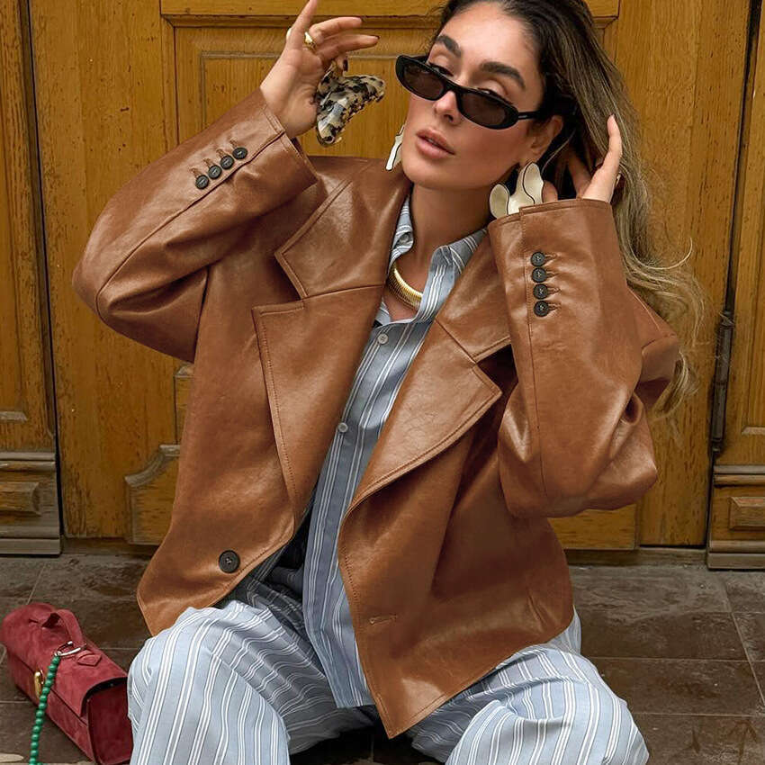 Autumn Winter New Style Suit Collar PU Leather Jacket Women With Design Sense, Elegant And Fashionable For Commuting B3