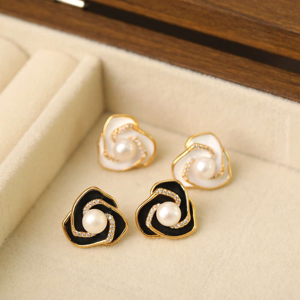 DH collections Korean - Style Metal Enamel Glaze Camellia Pearl Stud Earrings for Women