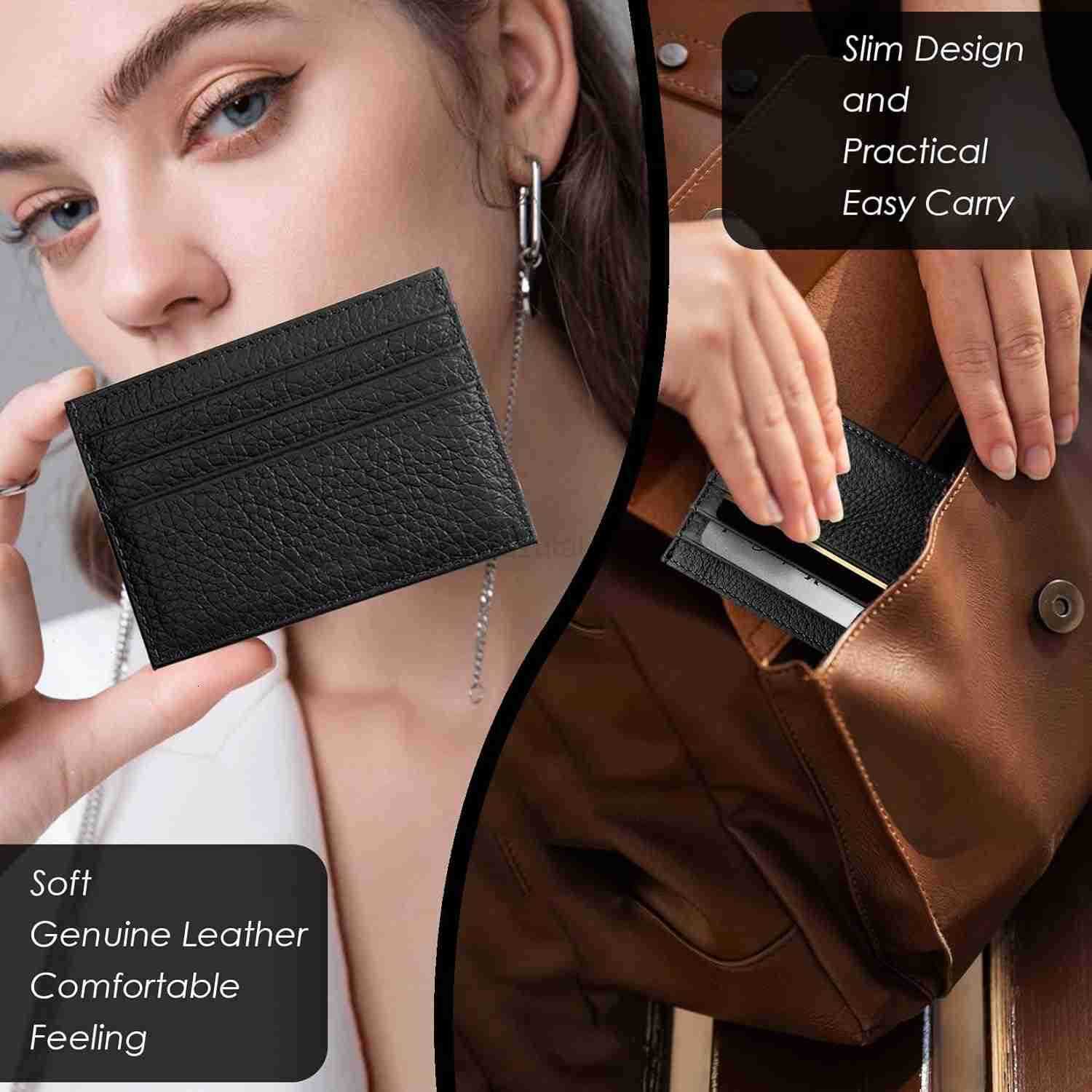 Wallet Super Slim Card Holder Genuine Leather Wallet for Man and Women with 6 Card Slots 1 Pocket Black Z250906