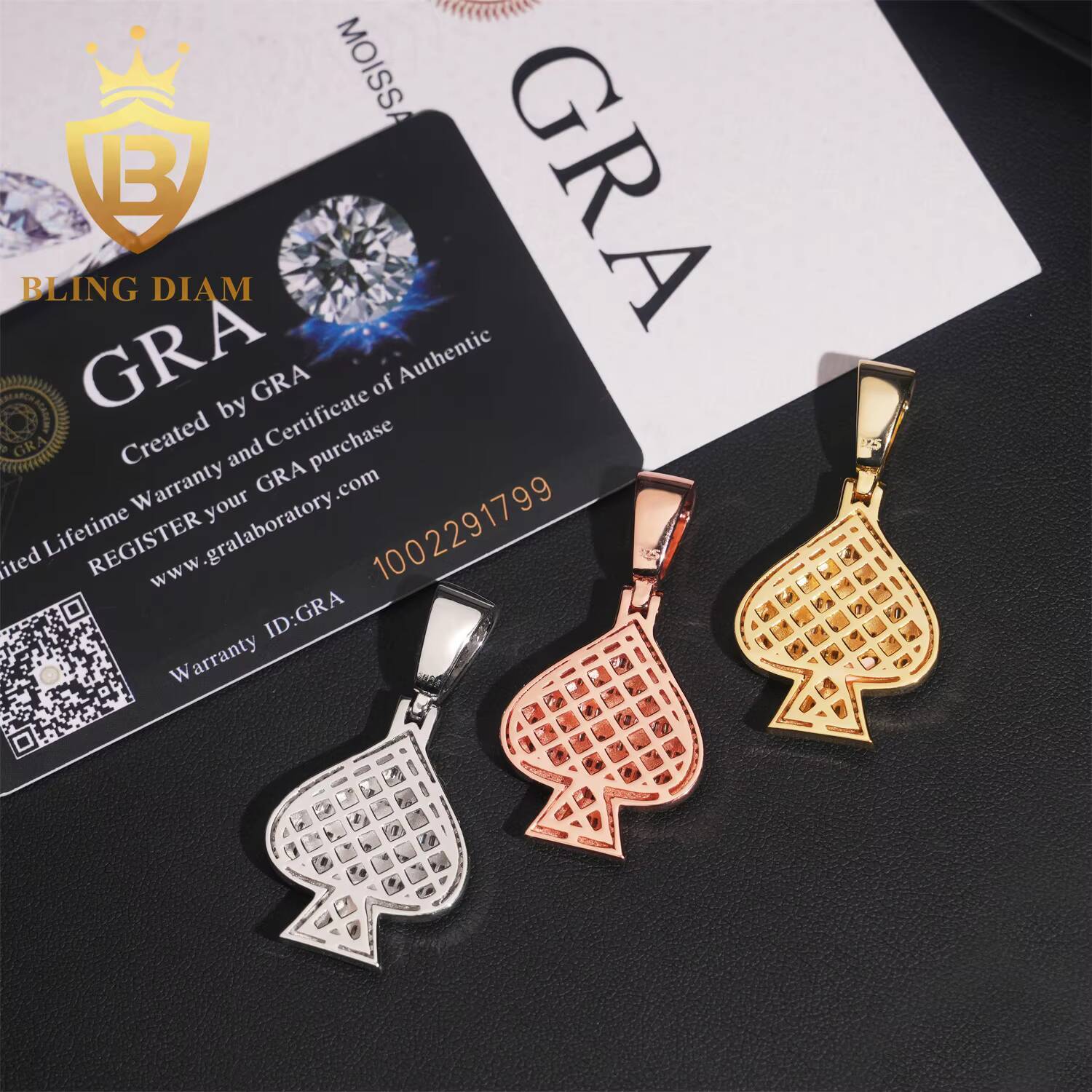 GRA Certified Spade Shape Pendant Hip Hop Jewelry 925 Silver Moissanite Diamond Charm Pendant Pass Diamond Tester