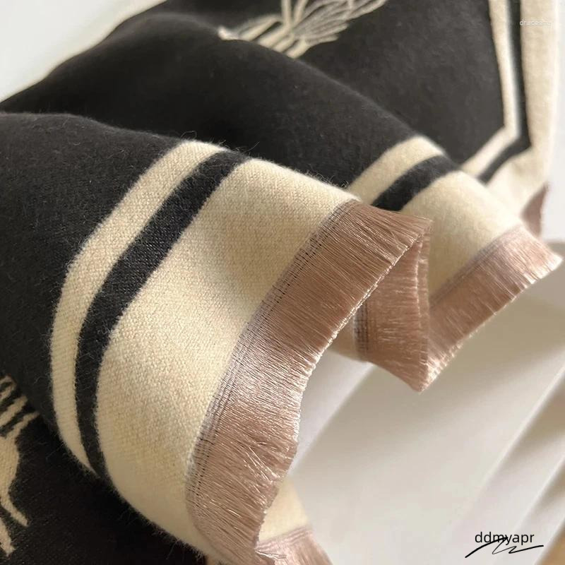 Scarves 2024 Winter Cashmere Shawl Women High-End Temperament Ddmydec Short Fringe Warm Bib Double-Sided Printed Scarf Dual-Purpose