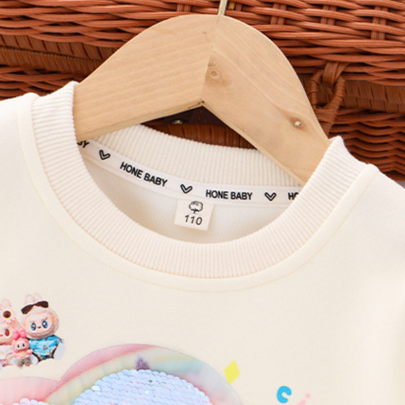 Labubu girls' clothes girls' hoodie children's cotton hoodie round neck pullover girls' cartoon rainbow printed baby clothes comfo