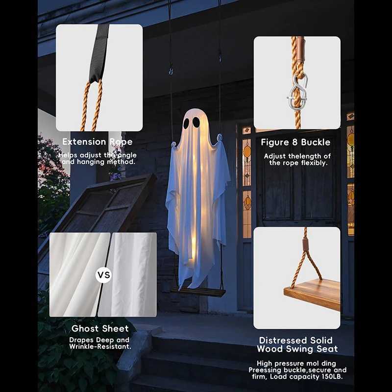 Outdoor Large Hanging Swing Ghost Halloween Decoration With String Lights Ghost Cute Ghost Decoration Front Porch Courtyard Tree W250906 - view 6