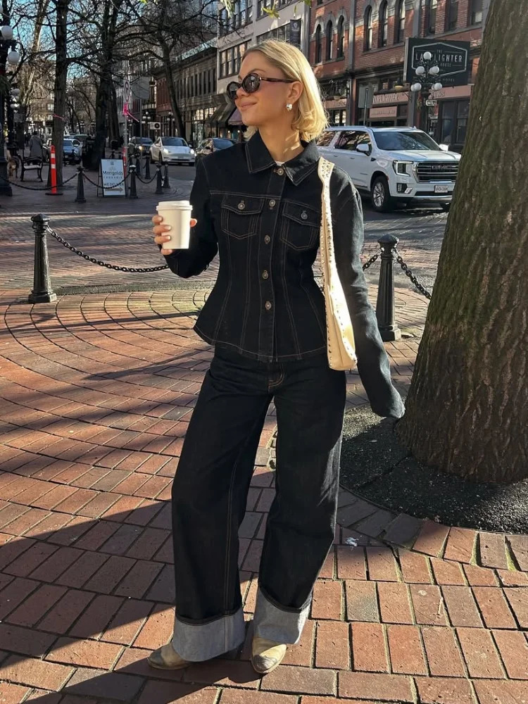 Denim Jacket Coat Jeans Sets Women Single Breasted Lapel Long Sleeve Top Straight Pants Suits 2025 Spring Vintage Street Commute 250906 C260312