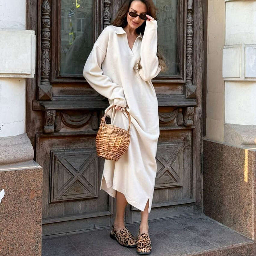 Autumn Winter New Loose Versatile Turn-Down Collar V-Neck Dress Design Sense Elegant Fashion Casual Commuting B3