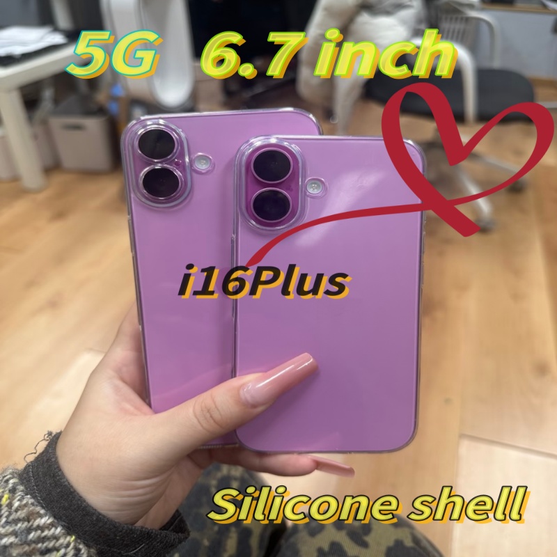 Unlocked i16 Plus Android smartphone with a 6.7-inch OLED display and 12GB of RAM and a Smart Island functional silicone case