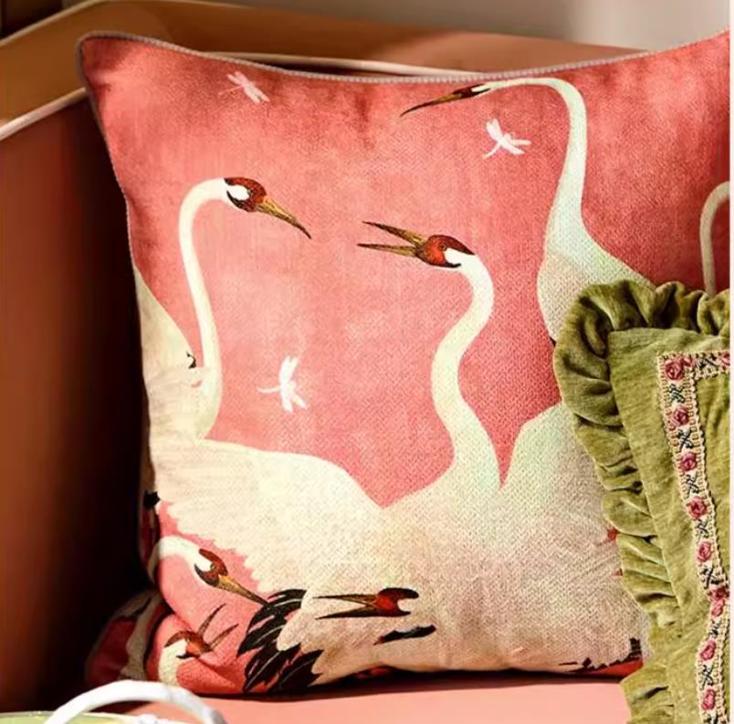 Medicci Home GG Style Inspired Dancing Crane Decorative Cushion Cover High Grade French Retro Pillow Case 45x45cm For Sofa Couch 240821