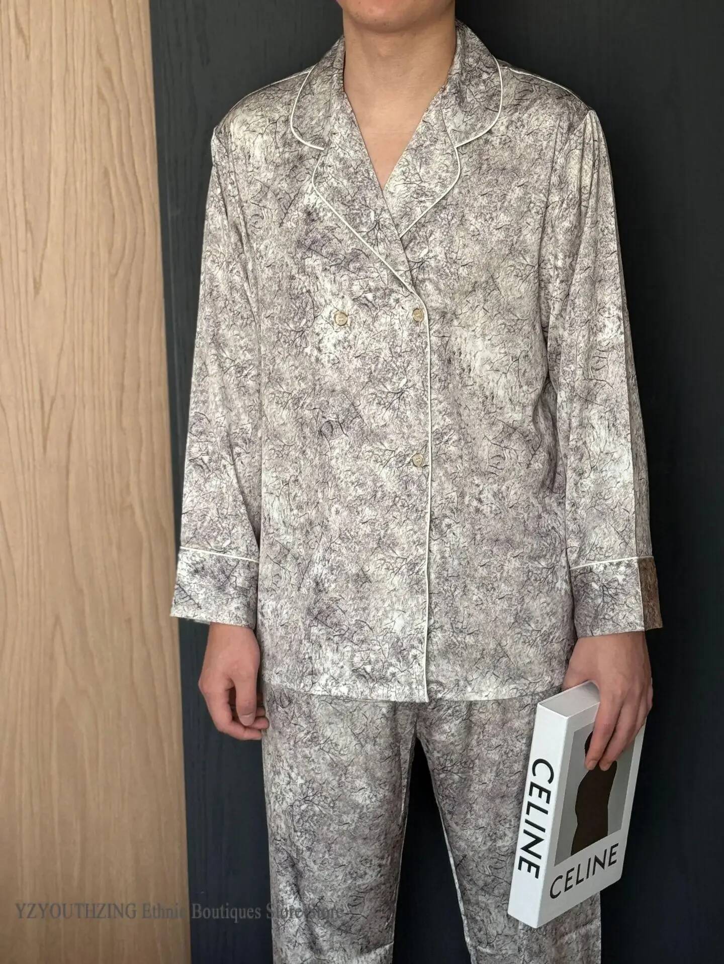 2025 New Couple's Pajama Set Fashion Printed Long Sleeve Pants Set Home Clothes Spring/Summer New Men's Pajama Loose Satin design Designer H