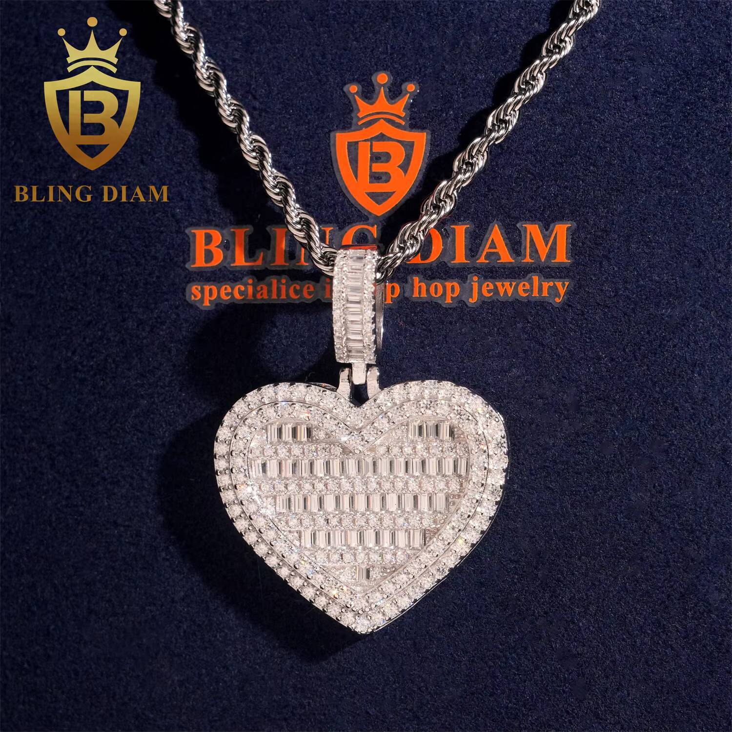 Iced Out Baguette Cut Heart Charm Pendant 925 Silver Moissanite Hip Hop Jewelry Pendant Pass Diamond Tester