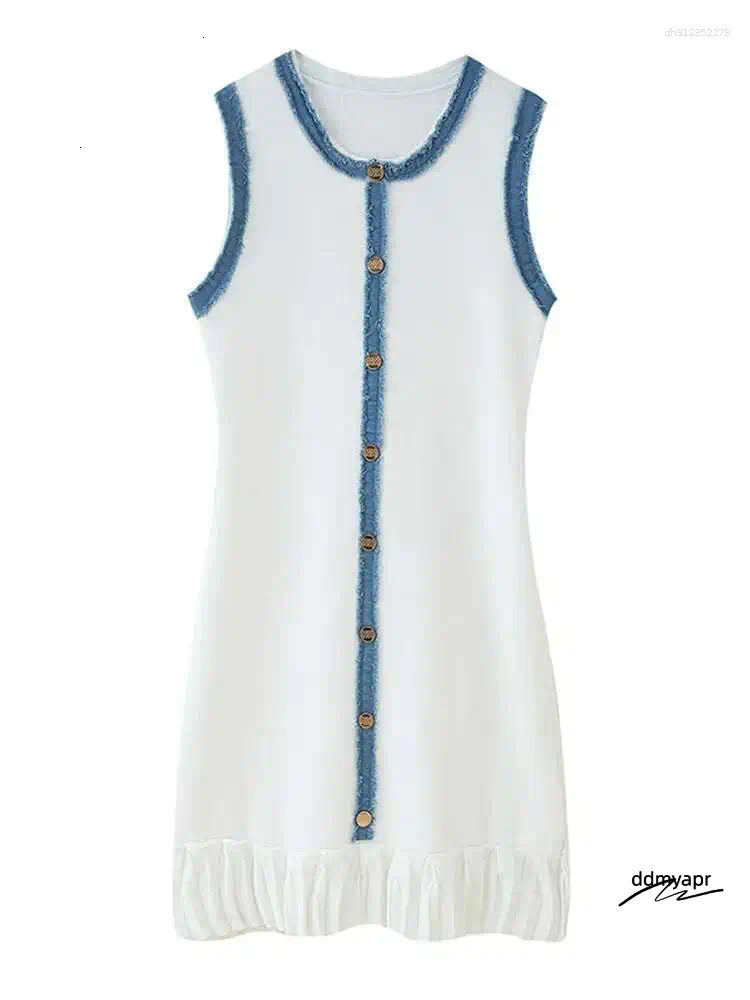 Mini dress women's round neck sleeveless single breasted fashionable vest casual dress women's elegant pleated patchwork knit Ddmydec