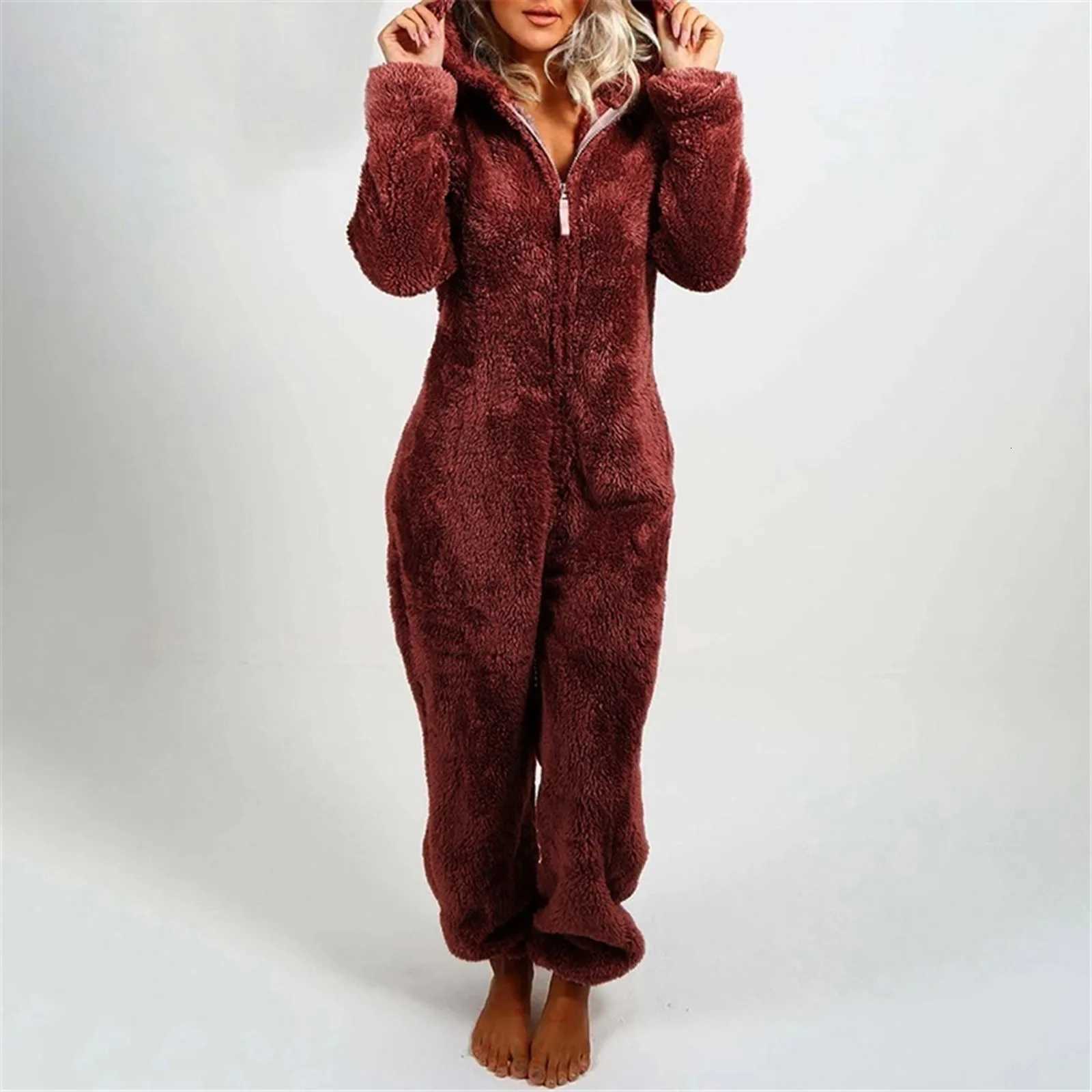 Winter Warm Sleepwear Home Clothes Cute Cat Ear Onesies Pyjamas Fluffy Fleece Hooded Jumpsuit Playsuit Pajama For Women Overalls Y250906