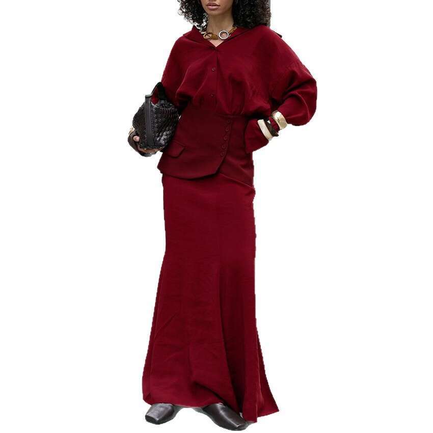 Autumn Winter New Long Sleeve Shirt Waist Cinch Half Skirt Set Design Sense Elegant Fashion Commuting B5