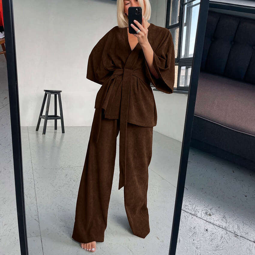 Autumn Winter New Loose Soft V-Neck Tie Sleeve Long Pants Set Design Sense Elegant Casual B3