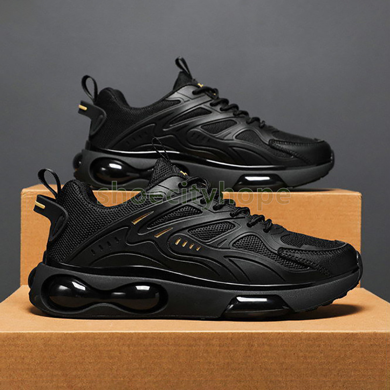 Black trend mens trainers Versatile running shoes Comfortable Durable Thick-sole cushioning Mesh breathable sneakers Size 39-44