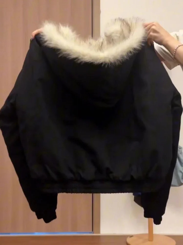 2000s Aesthetic Black Elegant Jacket Woman 2025 Winter Y2k Zip Up Hooded Design Harajuku Coat Female Loose Casual Chic Outfits 250905