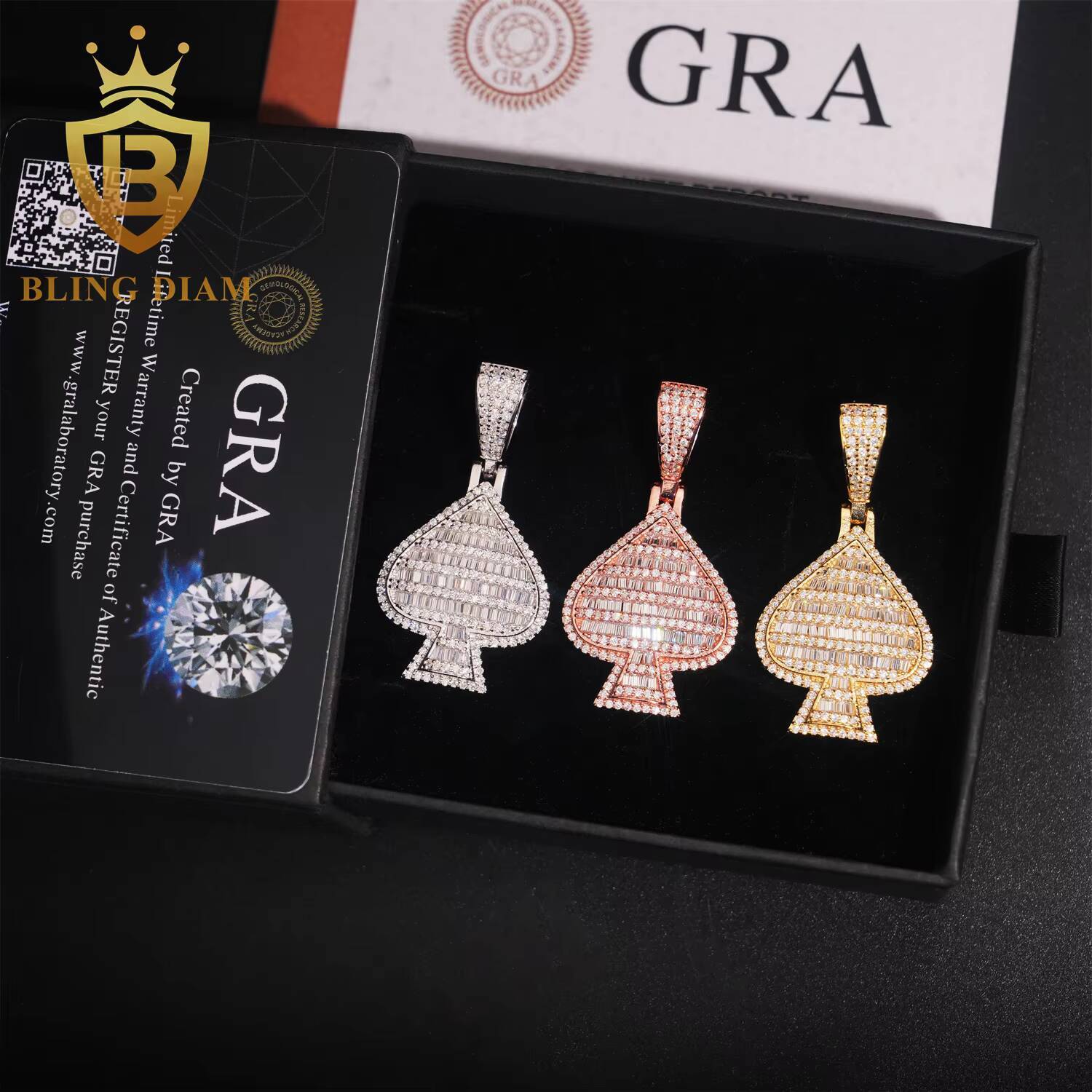 GRA Certified Spade Shape Pendant Hip Hop Jewelry 925 Silver Moissanite Diamond Charm Pendant Pass Diamond Tester