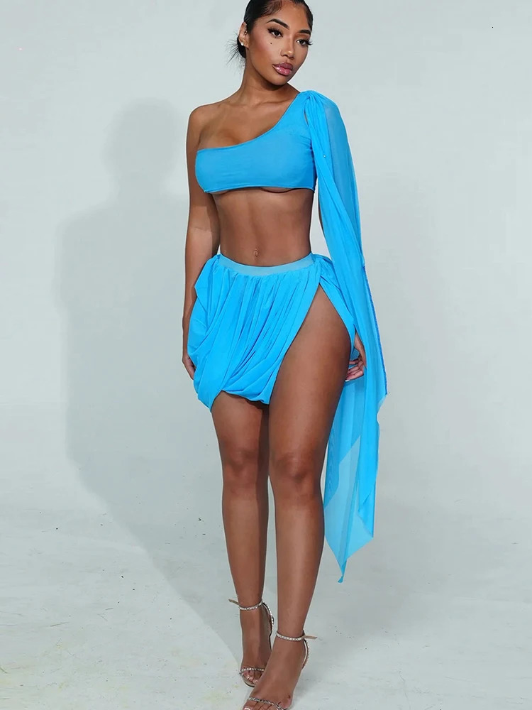 Weird Puss Y2K Sexy 2 Piece Set Women See Through Midnight Irregular Full Sleeve Crop TopsRuched Split Skirts Matching Clubwear 250906