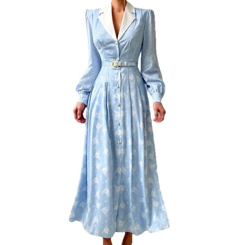 Autumn Winter New French Style Printed Color-Block Lantern Sleeve Slim Dress For Women With Design Sense And Fashionable Temperament B3