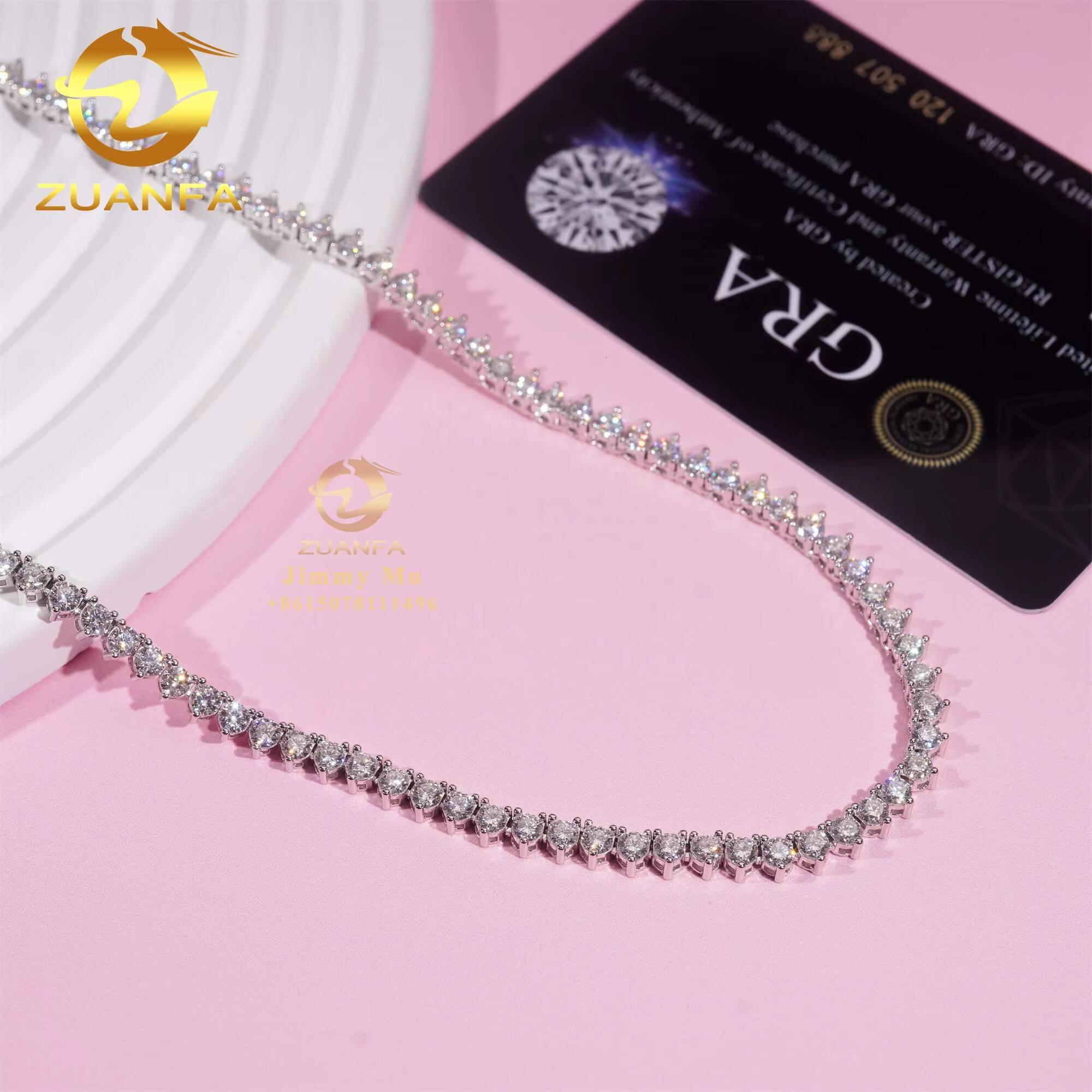 Stock Elegant Style Female 3 Claws Prong Setting 925 Sterling Silver Hip Hop Jewelry Moissanite VVS Diamond Cluster Tennis Chain