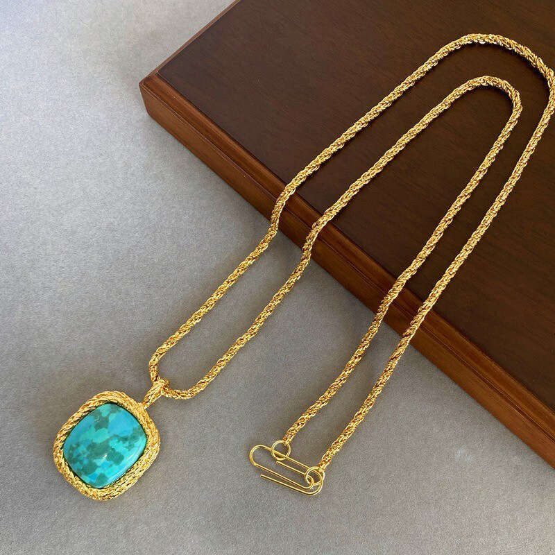 DHpet Vintage Style Aurelie Bidermann Square Pendant Inlaid with Blue Turquoise Lapis Lazuli Pink Crystal Sweater Chain