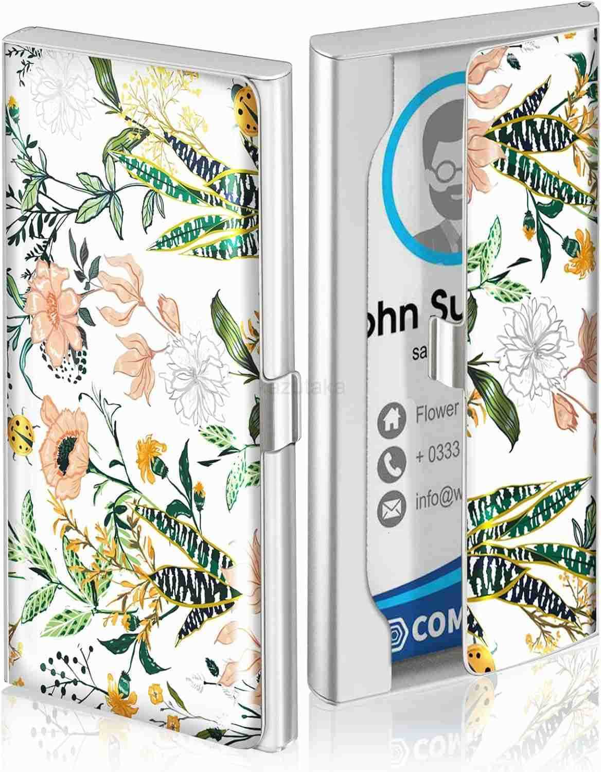 Business Card Holder Case Wallet for Women Metal Retro Blooming Flower Slim Pocket Purse Square Card Cases Cute For Realtors Real Estate Agents Z25090