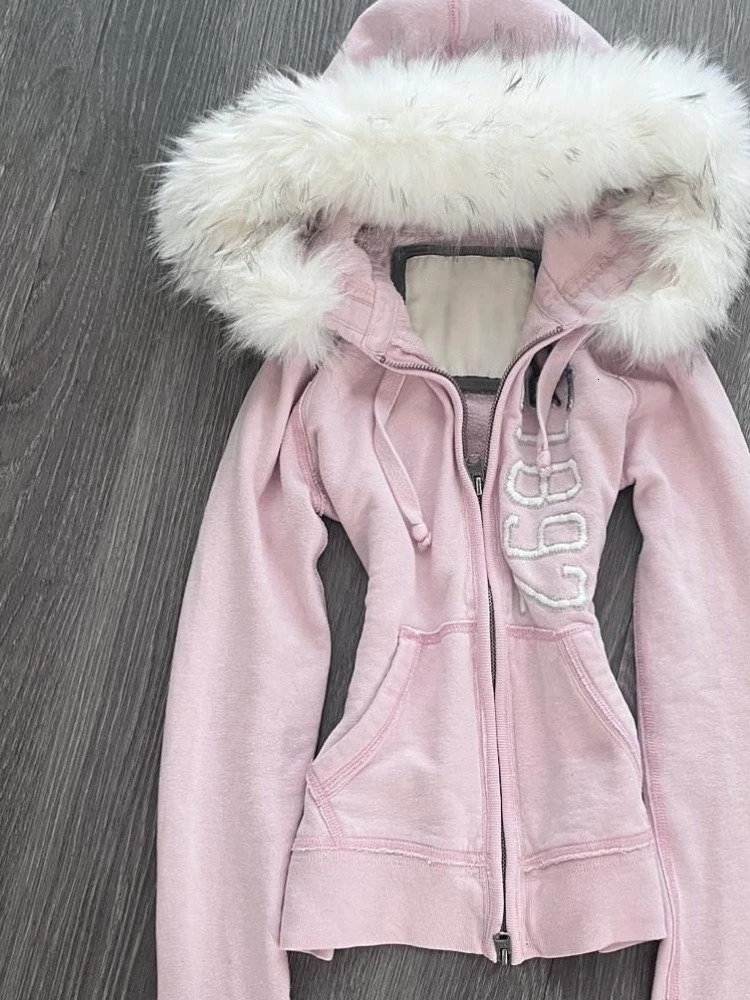 American Vintage Pink Furry Hoodie Women Y2K Harajuku Faux Fur Collar Jacket Fashion Slim Waist Belted Girl Sweatshirt 250905