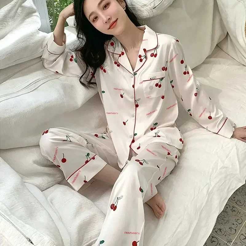 Girls faux ice silk pyjamas ladies longsleeved lace green premium feeling twopiece set of sweet loungewear love blue cloth Y250906