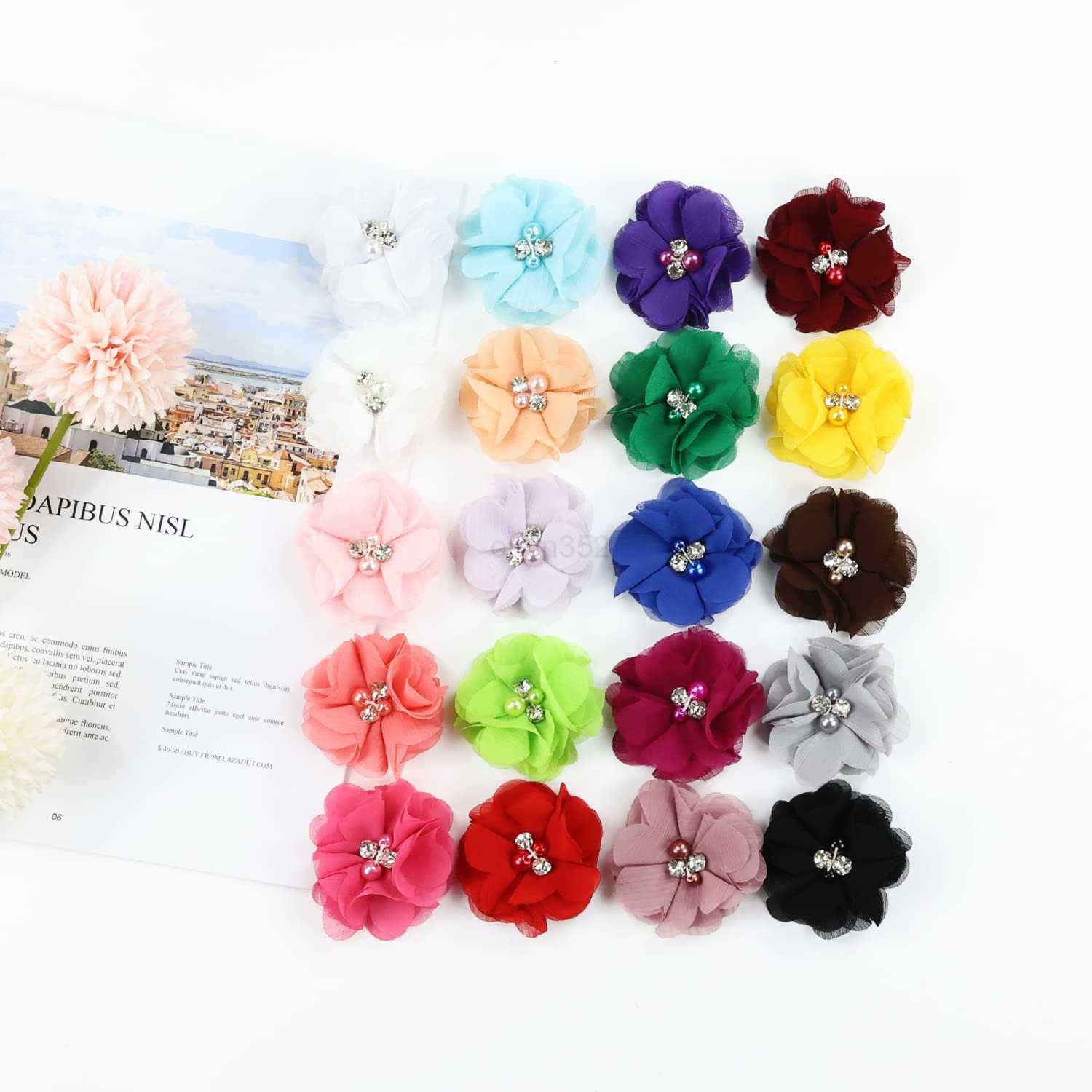 40 Pack20 Pairs 2 Solid Chiffon Flower with Rhinestones Pearls Ponytail Pigtail Alligator Hair Clips Barrettes 2 Inch Small Floral Bows Accessories fo