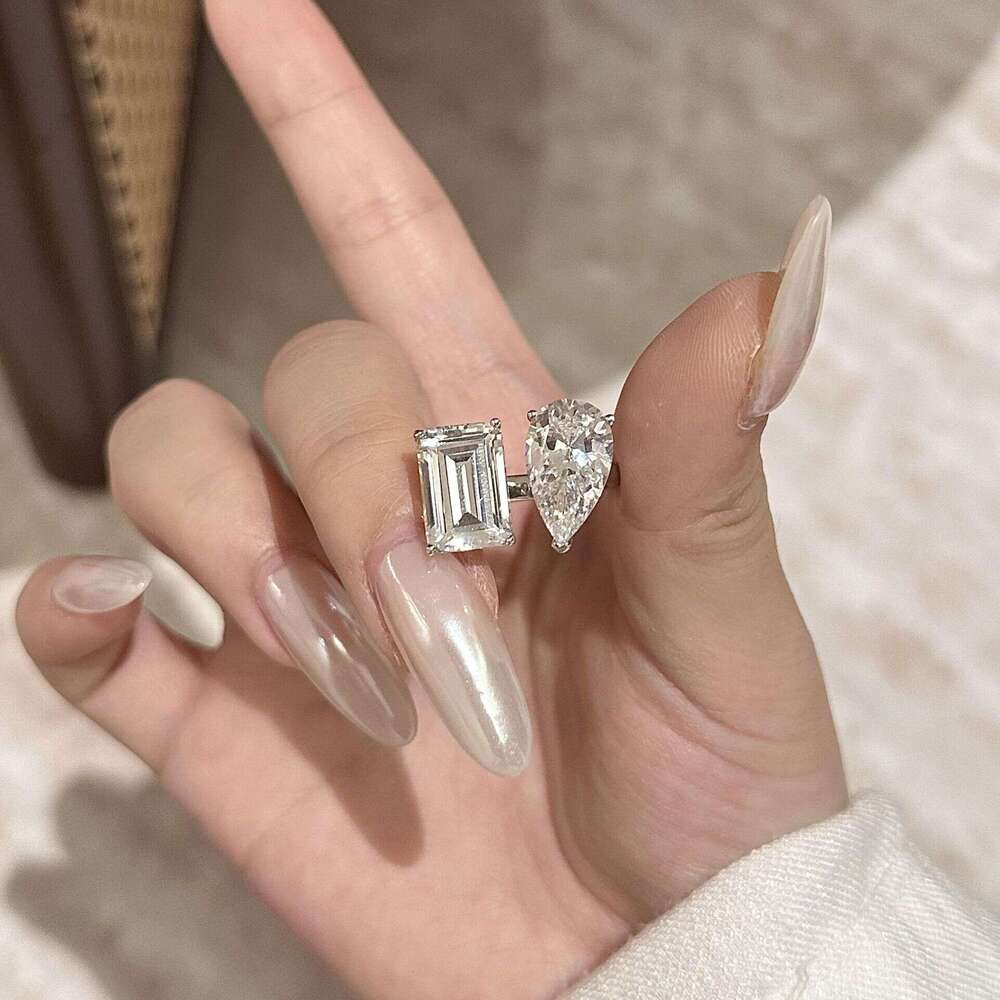 jewelry rings S925 Silver Twin stone Pear shaped Drop and Square cut Diamond set Open ring