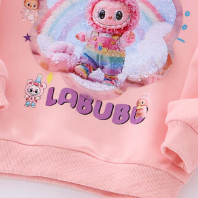 Labubu girls' clothes girls' hoodie children's cotton hoodie round neck pullover girls' cartoon rainbow printed baby clothes comfo