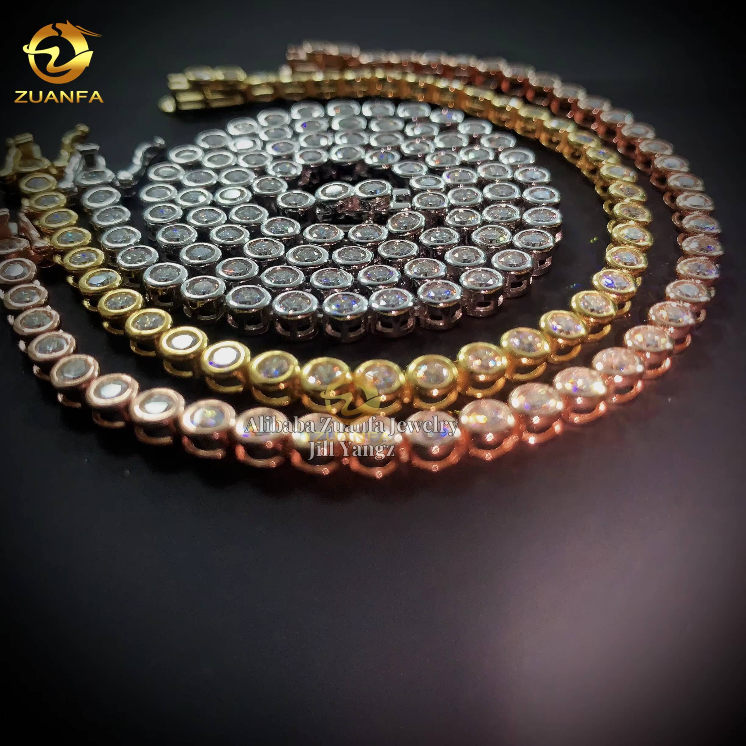 Zuanfa Jewelry Bezel Setting VVS Moissanite Tennis Chain Necklace 3mm Gift Idea Moissanite Chain